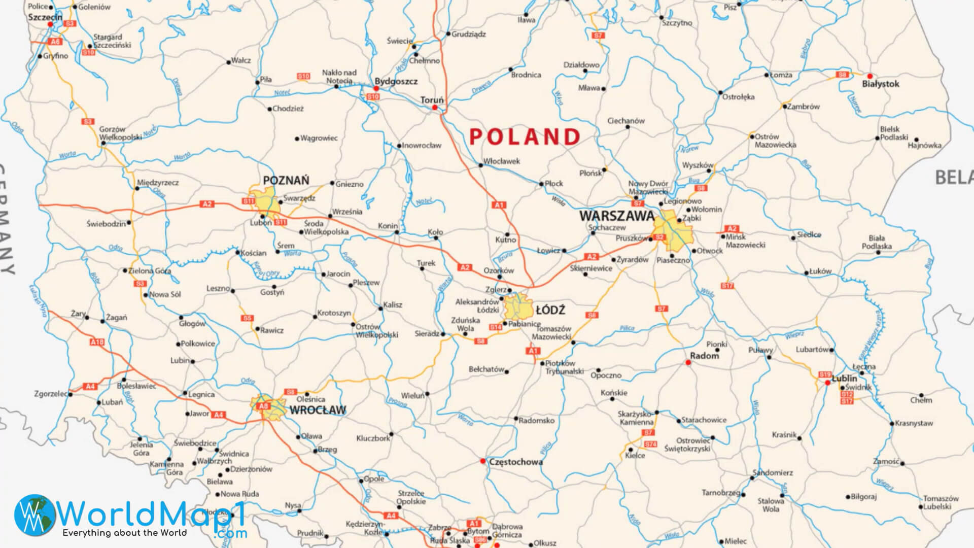 Carte de Varsovie avec Poznan Lodz et Wroclaw